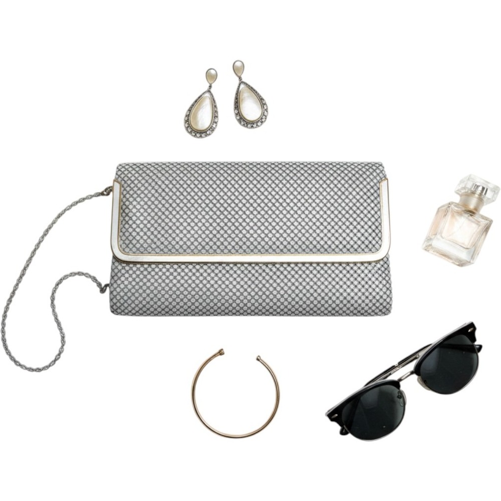 Ashley Moore Grey Aluminum Metal Mesh Clutch Evening Bag Gold Tone Trim